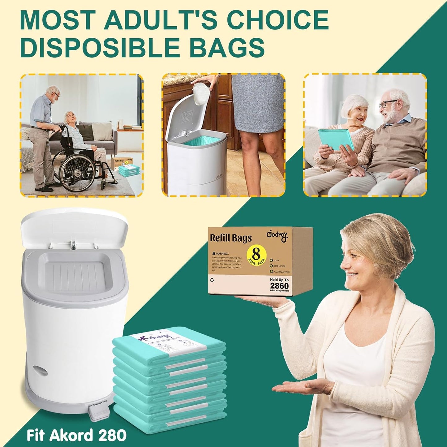 8 Pack Adult Diaper Liner Refills,Diaper Pail Refill Bags Compatible with Janibell Akord 280 Slim Model Adult Diaper System to Eliminate Waste/Powerful Odor Resistant(Extra 30% Thickness),Plant Scent