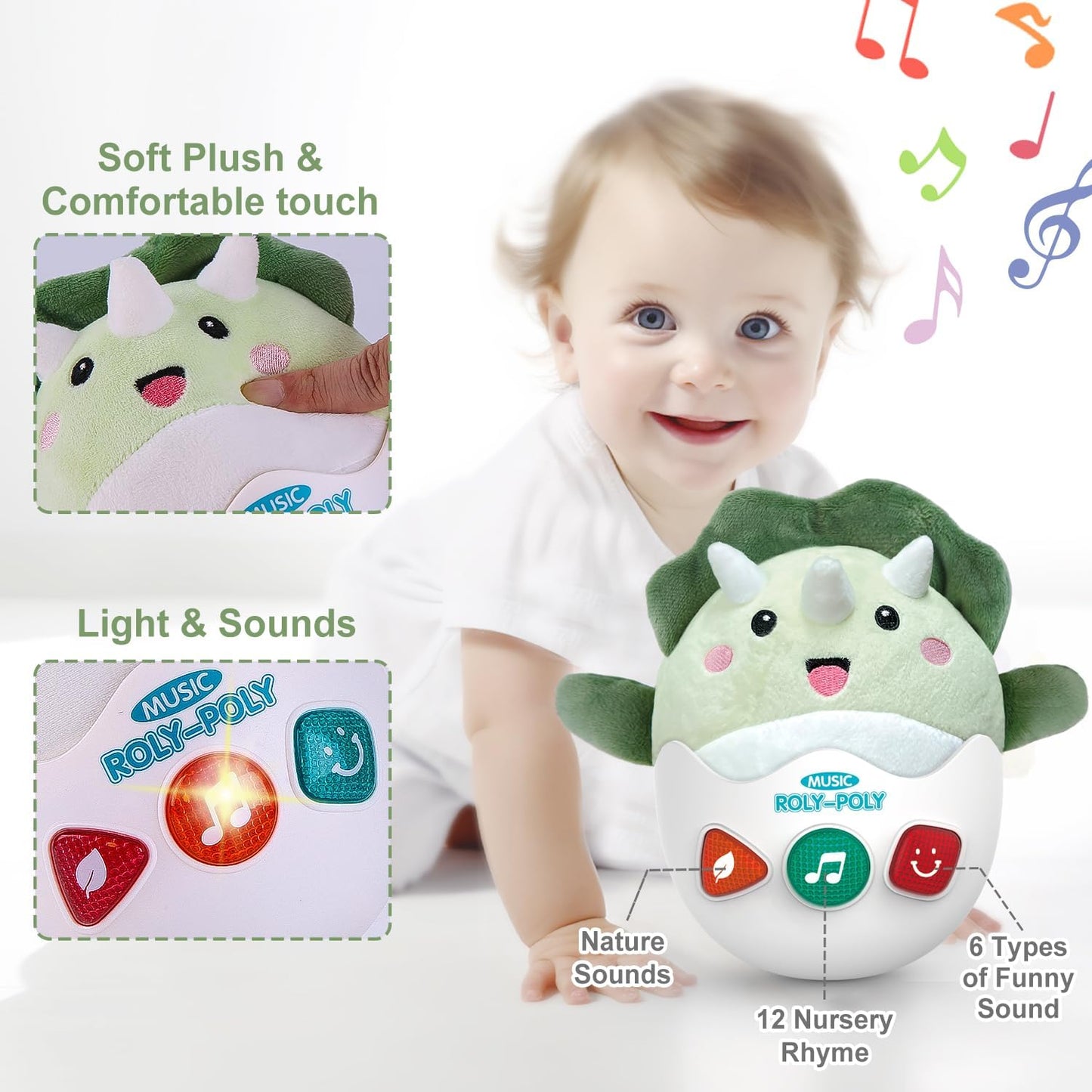 Baby Dinosaur Toys 0-3-6-12 Months, Musical Infant Toys with Light & Sounds, Soft Plush Stuffed Animal, Newborn Boys Girl 1st Birthday Shower Gift, Roly-poly Sensory Tummy Toy Easter Egg Gifts
