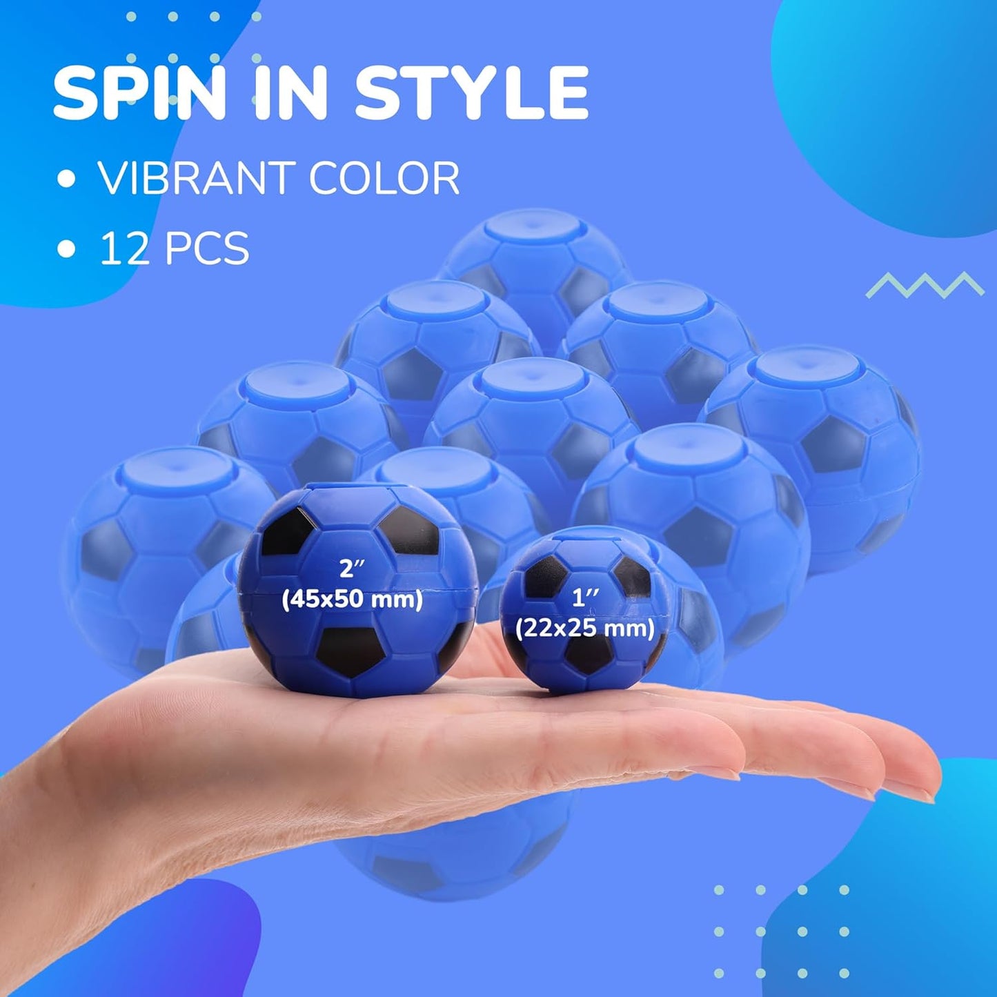 Entervending Fidget Spinners - 2 Inch Stress Balls - 12 Pcs Soccer Party Favors - Blue Mini Fidget Spinners - Classroom prizes - Fidget Spinners for Kids - Easter Basket Stuffers