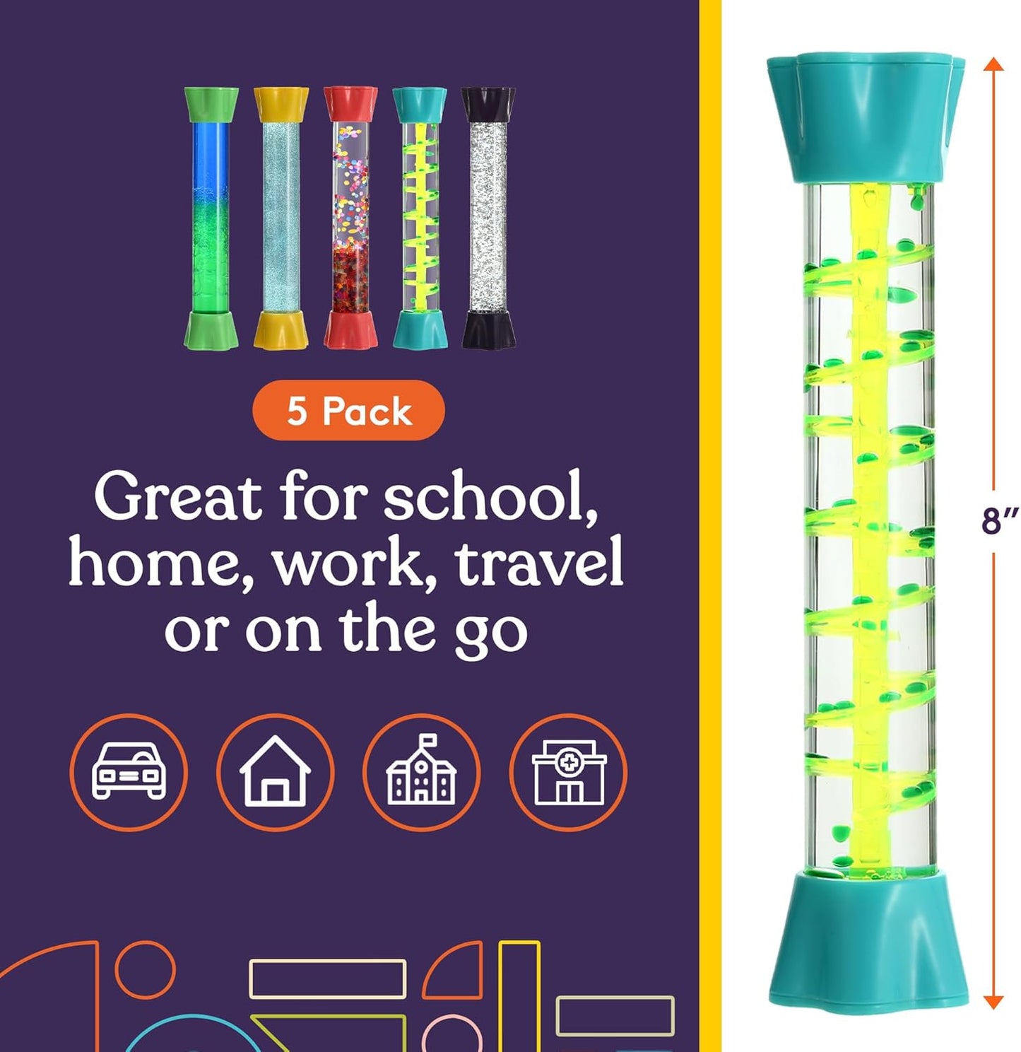 Special Supplies Liquid Motion Bubbler Toy Cool Tubes 5-Pack Colorful Hourglass Timer with Droplet Movement, Bedroom, Sensory Play, Cool Home or School