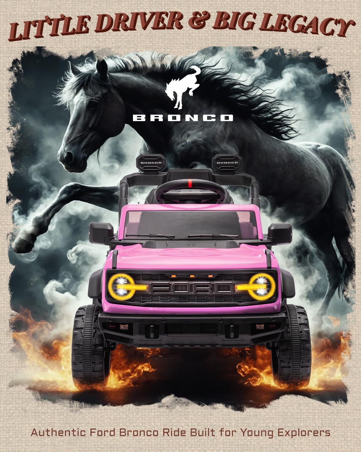 12V Electric Ride on Toys for Toddler, Ford Bronco Raptor Kids Ride on Car with Remote Control, 12 Volt Battery Powered Cars for Children with Smooth Start, Bluetooth (12V, Pink)