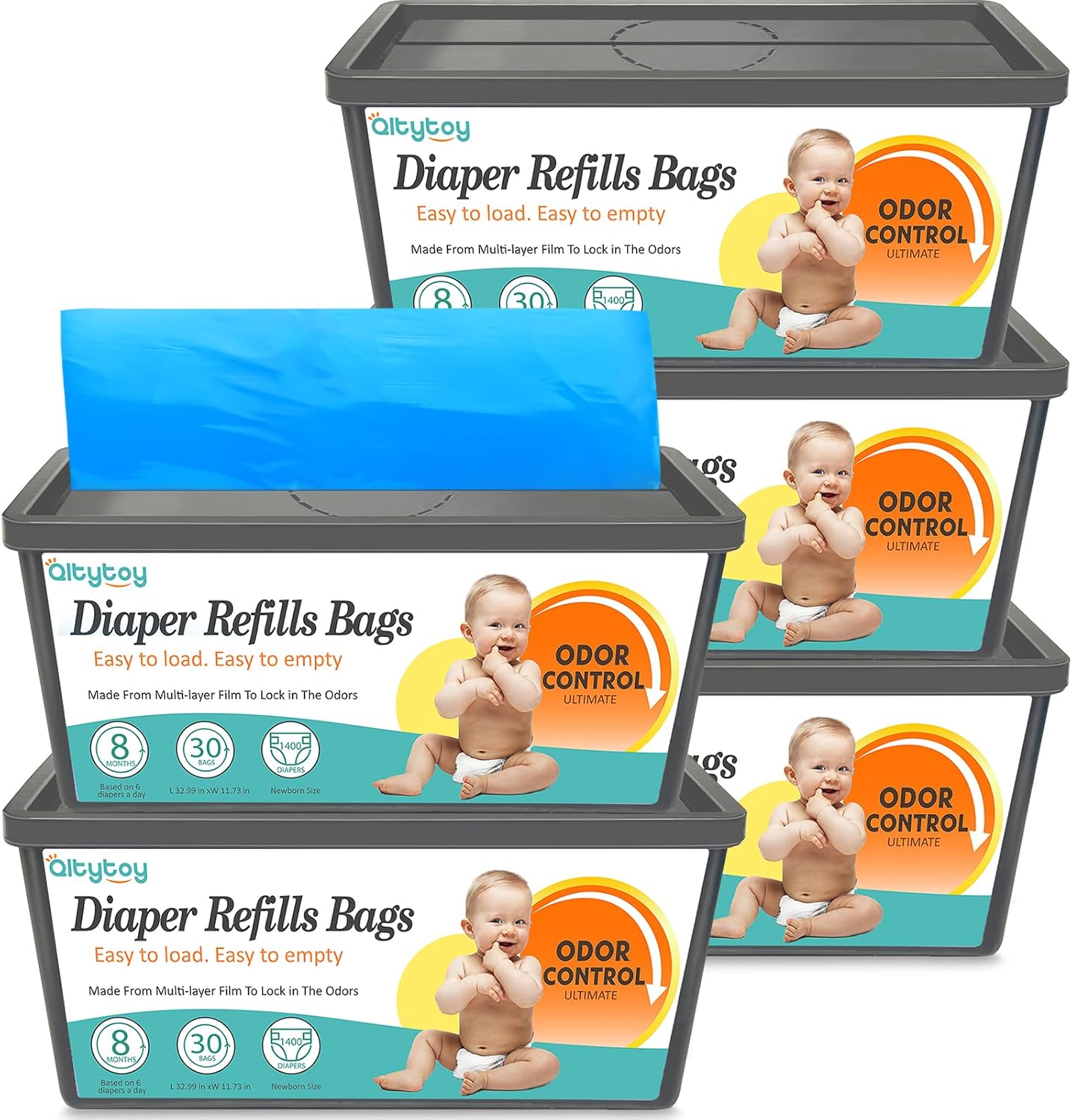 Refills Compatible with Diaper Genie Easy Roll Signature & Platinum Diaper Pail,5-Pack (150 Bags) for 7000 Newborn Diapers,7-Layer Powerful Odor Control.Extra Thickness,Durable & No Tear