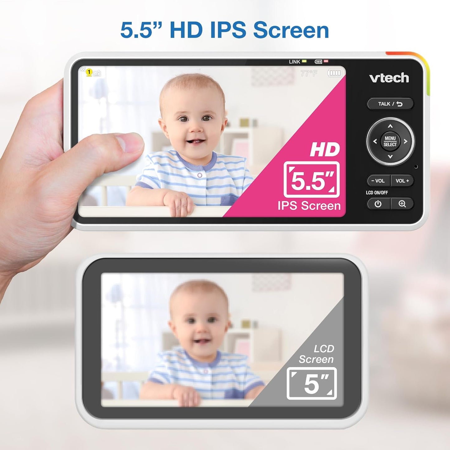 VTech Smart WiFi Baby Monitor, 2K CMOS Sensor Camera, 5.5-inch HD IPS Screen, Clear Infrared Night Vision, Pan-Tilt, 24x Zoom, 2-Way Talk, Multi-Color Night Light, Soothing, Free App: Smart HD Plus