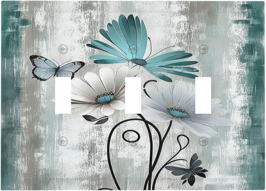 Decorative Switch Plates Rustic Teal Daisy Floral Flowers Butterfly Wood Grain 3 Gang Wall Plate Triple Toggle Light Switch Cover Faceplate Electrical Wall Panels for Bathroom Bedroom Decor