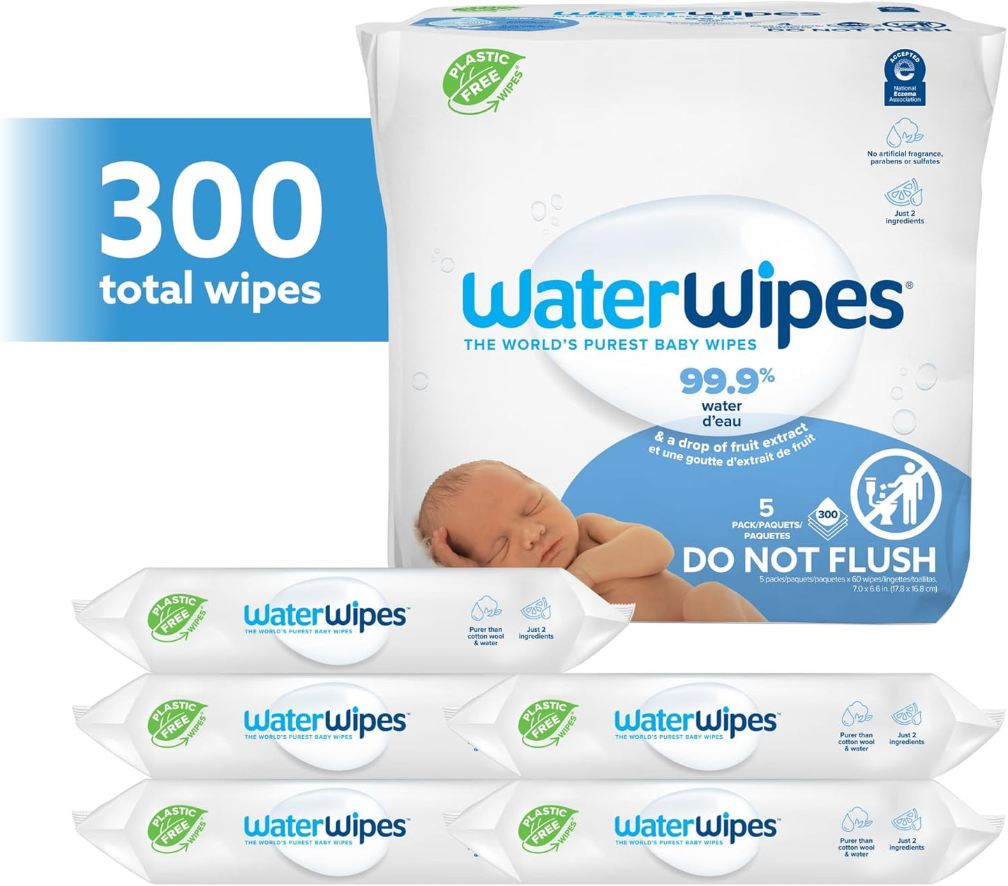 WaterWipes Sensitive+ Newborn & Baby Wipes, 3-In-1 Cleans, Cares, Protects, 99.9% Water, Unscented & Hypoallergenic, 300 Count (5 Packs)