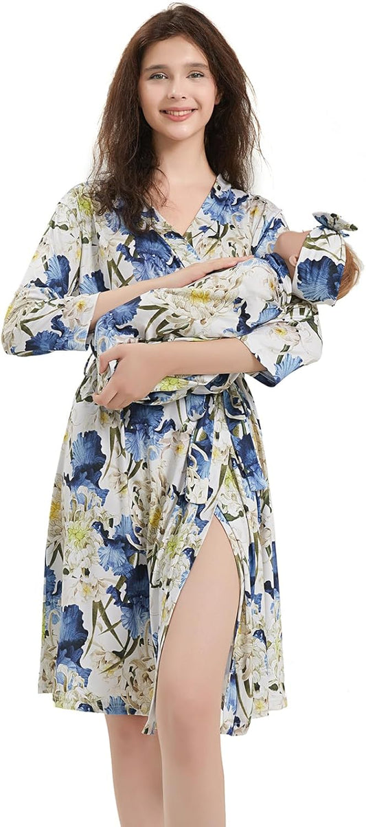 Galabloomer Maternity Robe and Baby Receiving Blanket, Matching Mommy Labor Delivery Robe and Swaddle Set (s, blue white)