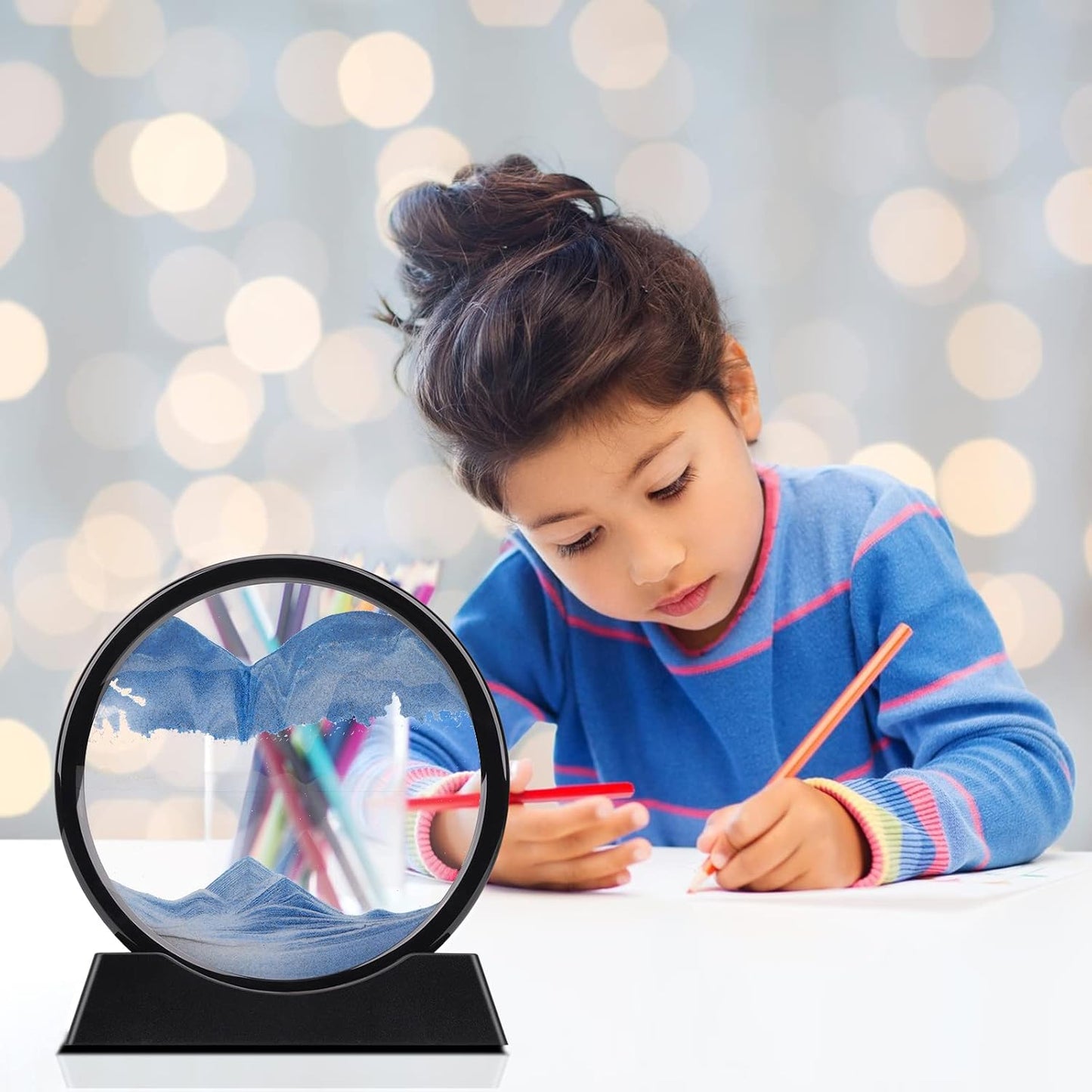 QLKUNLA Moving Sand Art Picture Liquid Motion 3D Deep Sea Sandscape in Motion Display Flowing Sand Frame Relaxing Desktop Home Office Work Decor Art Toys (7 inch, Blue)