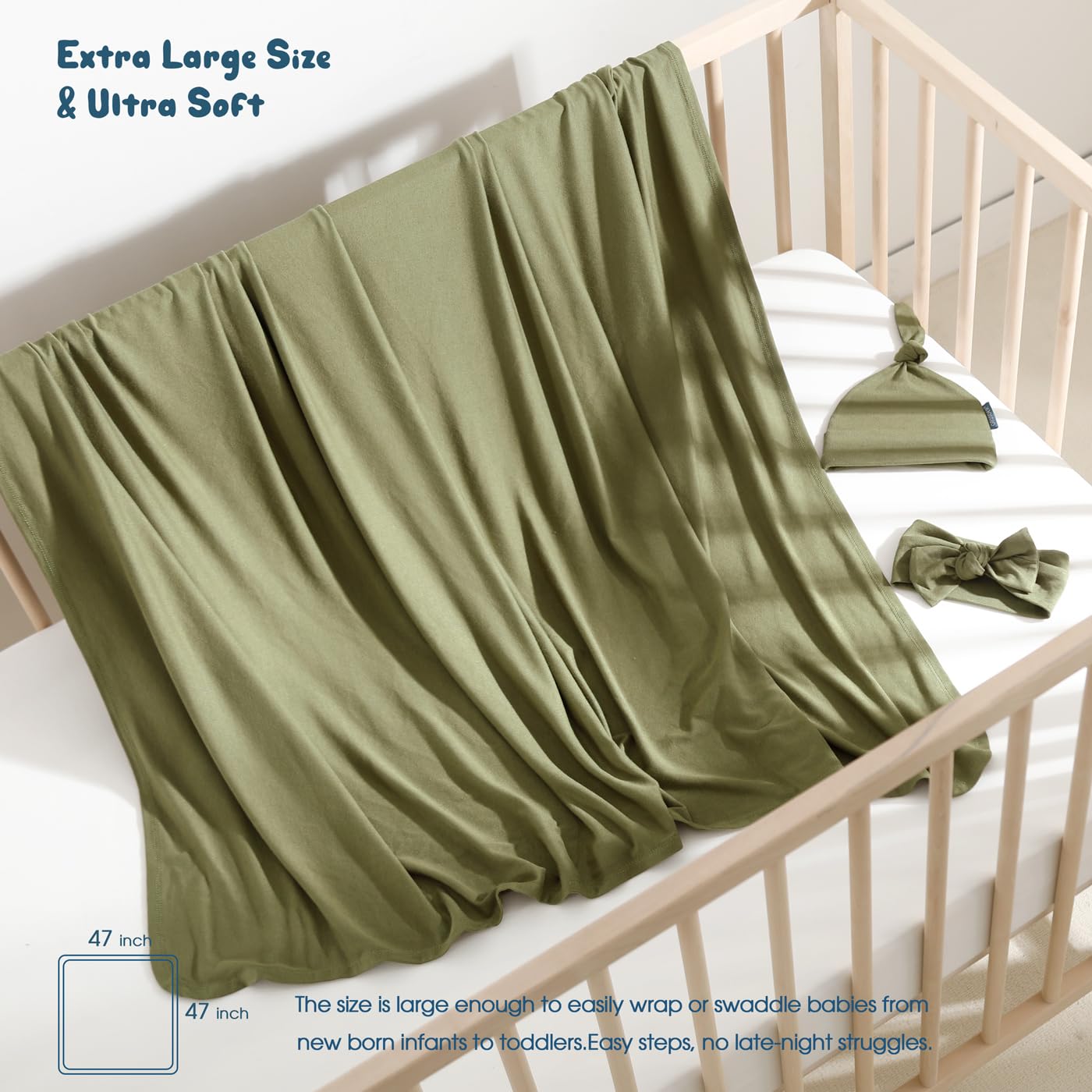 GRSSDER Newborn Swaddle Blanket, Ultra Soft Jersey Receiving Blanket with Matching Headband and Beanie Set, 47×47" Extra Large Nursery Swaddle Wrap for Girls and Boys