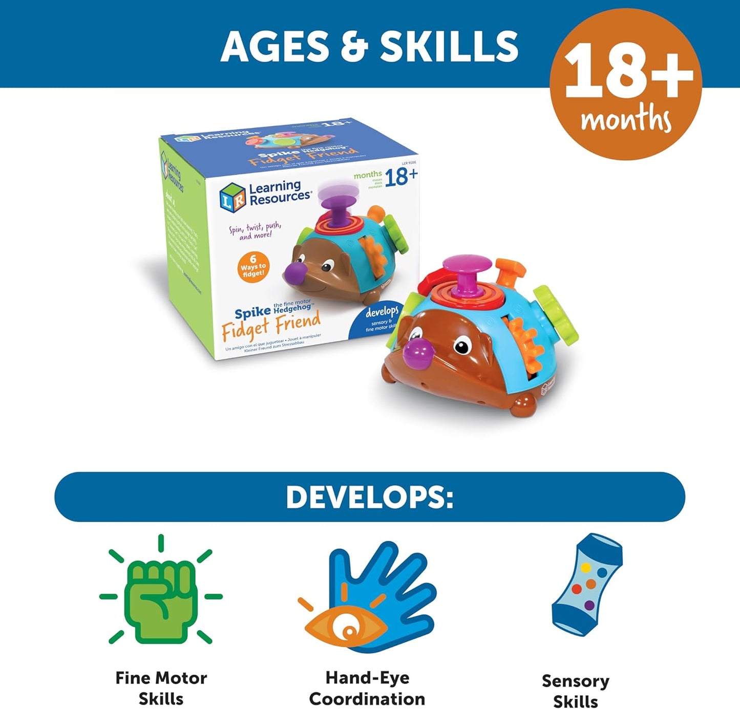 Learning Resources Spike the Fine Motor Hedgehog Fidget Friend -Ages 18+ months Fine Motor and Sensory Play Toy,Educational Toys for Toddlers, Toddler Montessori Toys