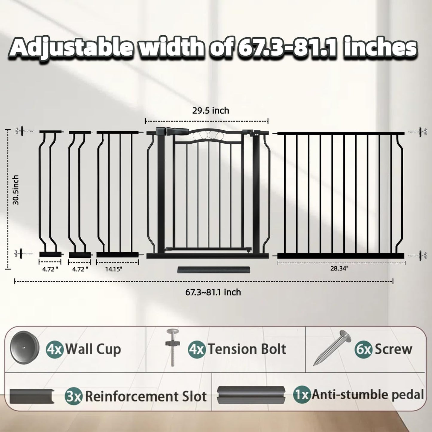 Extra Wide Baby Gate 67.3-81.1 Inch, Pressure Mounted Dog Gate Indoor, Walk Thru Pet Gate for Cat Dog Child,Pet Gates for The House Stairs Doorway Black