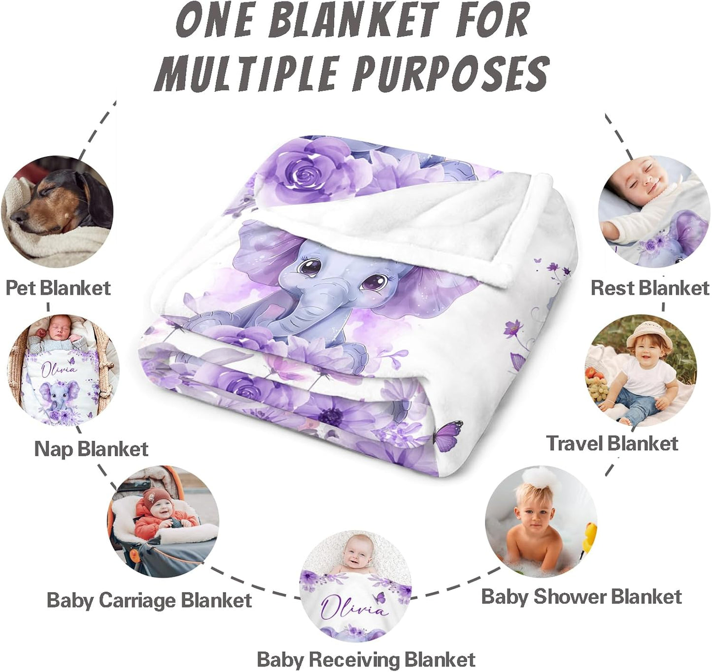 Personalized Baby Blanket for Girls Custom Baby Blanket with Name for Kids Custom Elephants Blanket for Infant Toddler Soft Newborn Bed Throw Personalized Baby Gift for Birthday Baby Shower Christmas