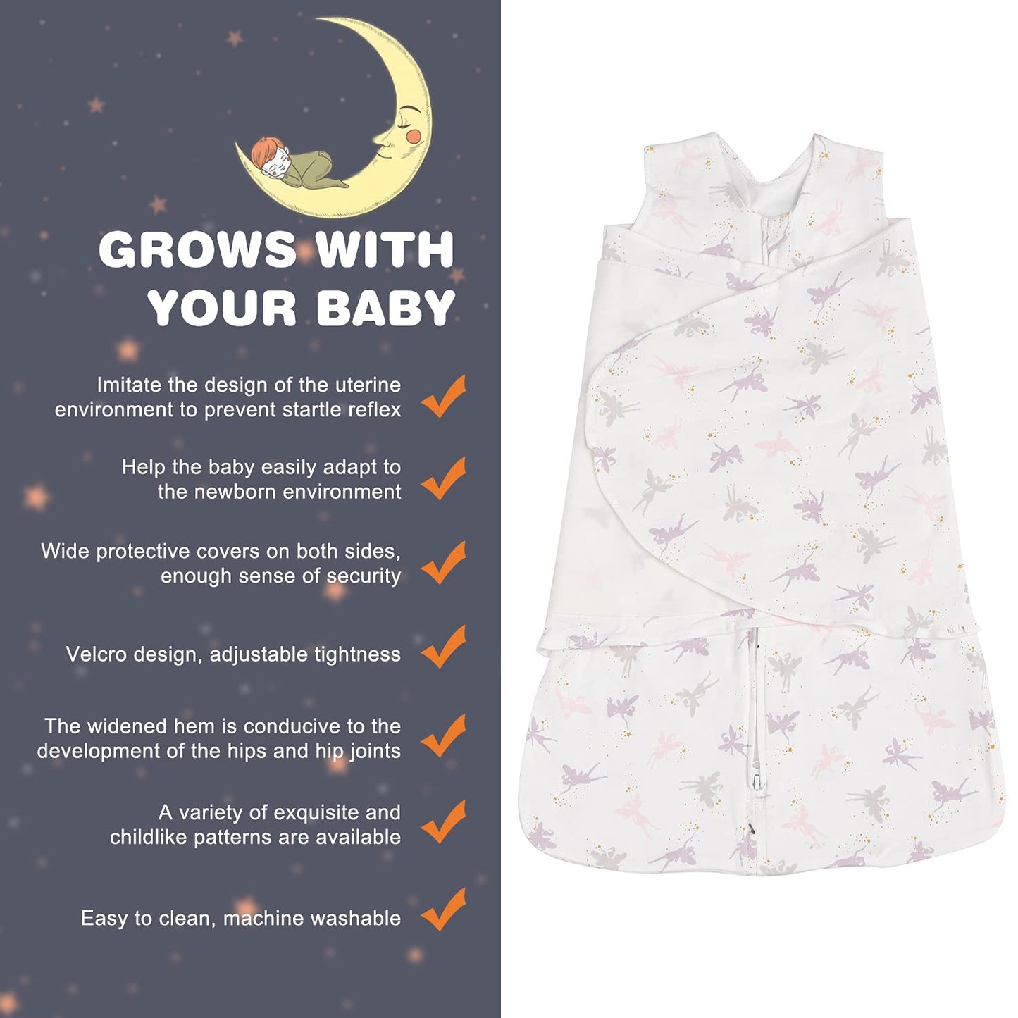 Swaddle-Blanket Baby Girl & Boy Swaddles Newborn Infant Transition 100% Cotton Wrap Blankets, 3-Way Adjustable Wearable Blanket, TOG 1.0 (Little Fairy, 3-6 Month)