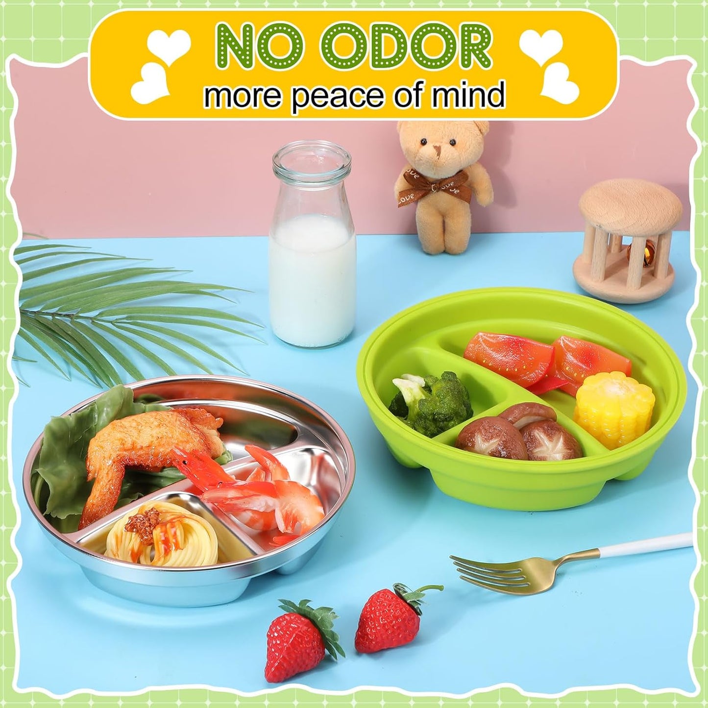 Nuogo 1 Pcs Stainless Steel Baby Suction Plates with Removable Silicone Shell 2-in-1 Metal Toddler Bowl Divided for Picky Eaters Kid Feeding Led Weaning Supply, Dishwasher Safe (Green)