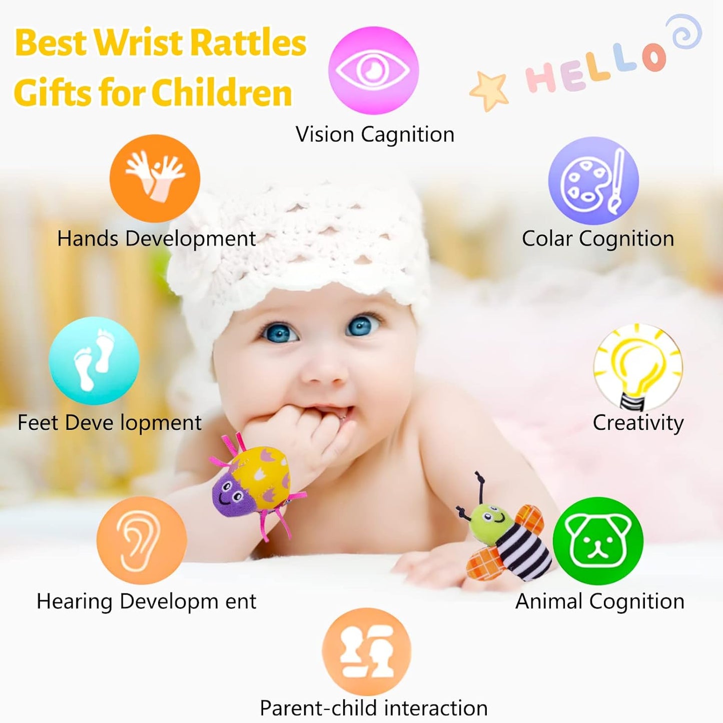 4-Piece Baby Wrist Rattle & Foot Finder Socks - Animal Rattle, Cartoon Design, 0-24 Months
