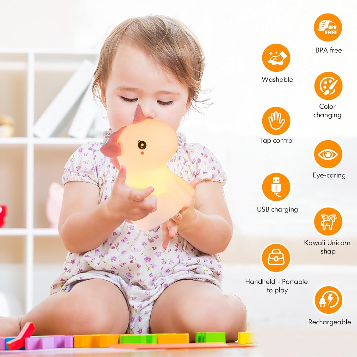 Unicorn Night Lights for Girls Bedroom, Cute Silicone Kids Night Light, Rechargeable LED Night Lamp Squishy Kawaii NightLights for Baby Nursery Children Toddlers Teen Christmas Girls