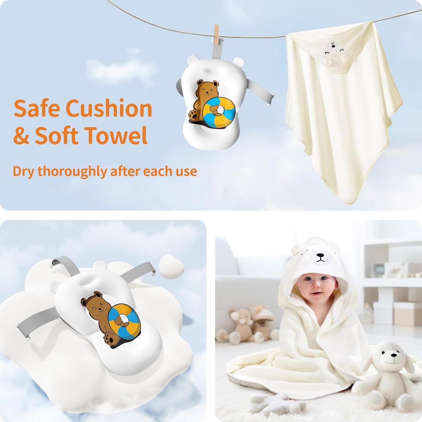 Collapsible Baby Bathtub with Soft Towel and Floating Cushion, Infant Bathtub for Newborn to Toddler (0-18 Month), Portable Baby Bath Tub for Travel (Brown Bear)