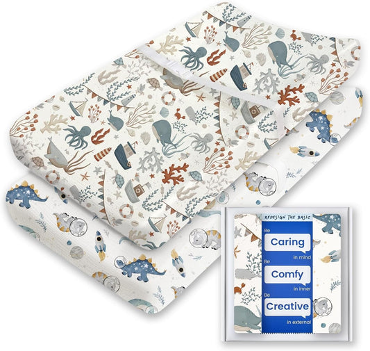 Extra Stretchy Changing Pad Cover, TotBasic Ultra Soft Premium Jersey Knit Changing Pad Sheets, Unisex for Boys Girls, Fits All Standard Changing Tables/Dresser Tops - 2 Pack (Dino + Whale)