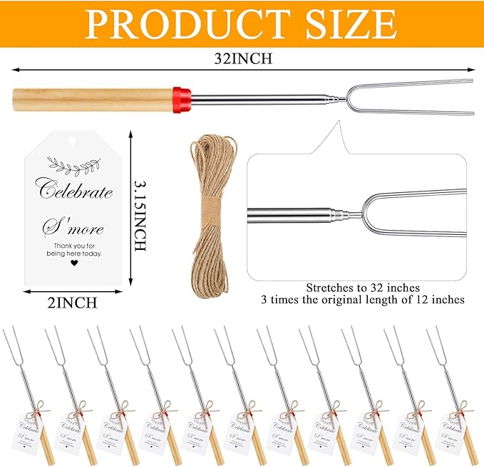 24 Sets S'mores Party Favor Includes Smores Sticks for Fire Pit Celebrate Smore Birthday Party Favors Tags with String Extendable Marshmellow Sticks Smores Skewers for Wedding Camping