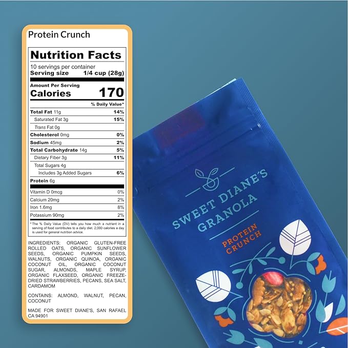 Sweet Diane’s Granola – Standard Size (12 oz): Organic, Low-Sugar, High-Fiber, Gluten-Free, Vegan, Delicious Breakfast and Snack Topper (Classic Size, Protein Crunch)