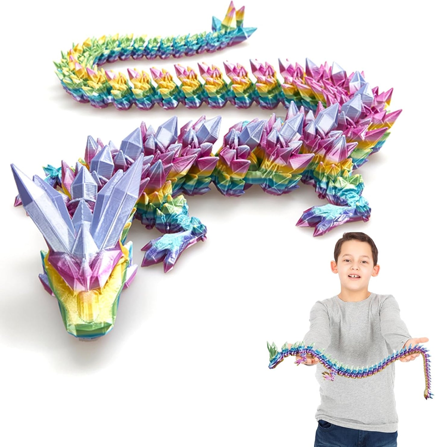 3D Printed Dragon, 3D Dragon ,30 Inch 3D Printed Fidget Dragon, Bigger Fidget Crystal Dragon Toys , 3D Printed Articulated Dragon for Home Office Car Desk Decor Toys (Red Yellow Blue) (Rainbow)