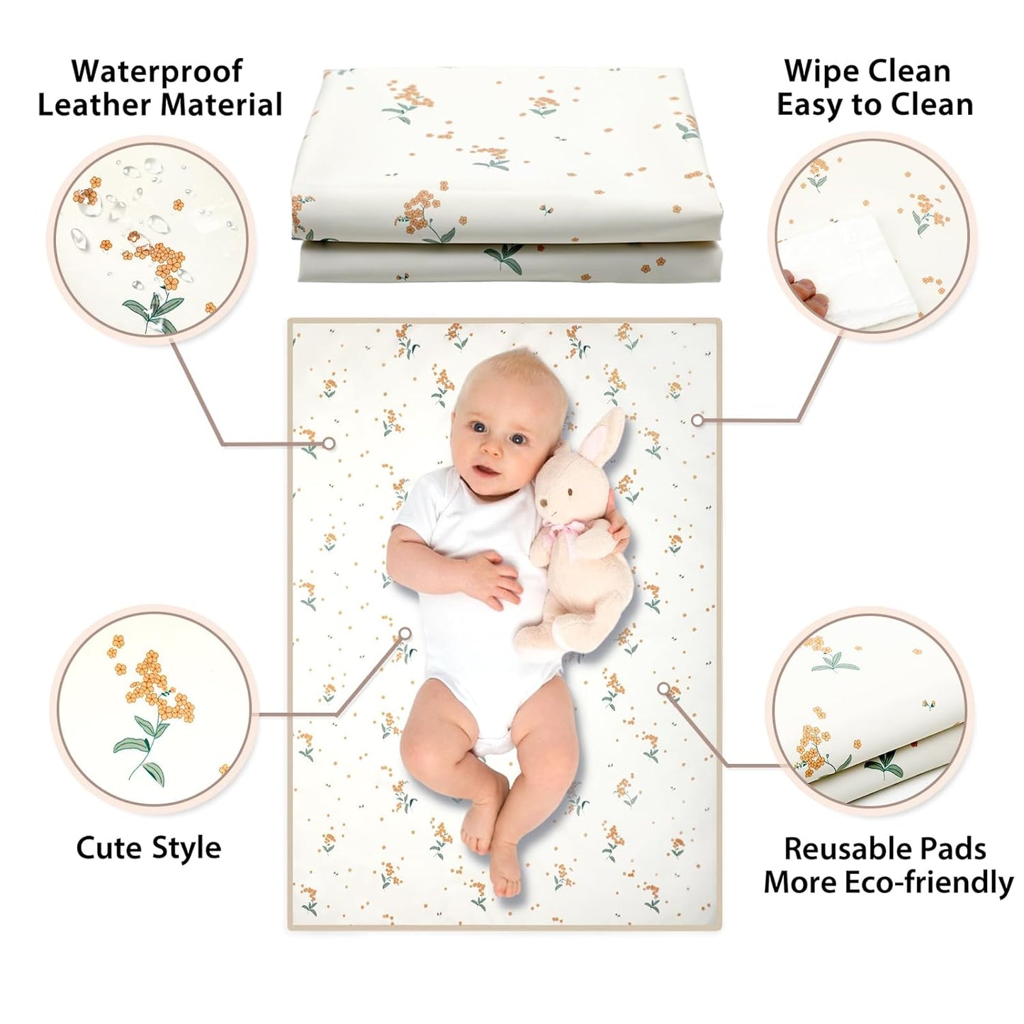 Vegan Leather Baby Changing Mat - Wipeable Portable Changing Pad, Foldable Travel Changing Mat for Baby, Newborns Toddlers Shower Gifts (Orange Floral,20"*28")