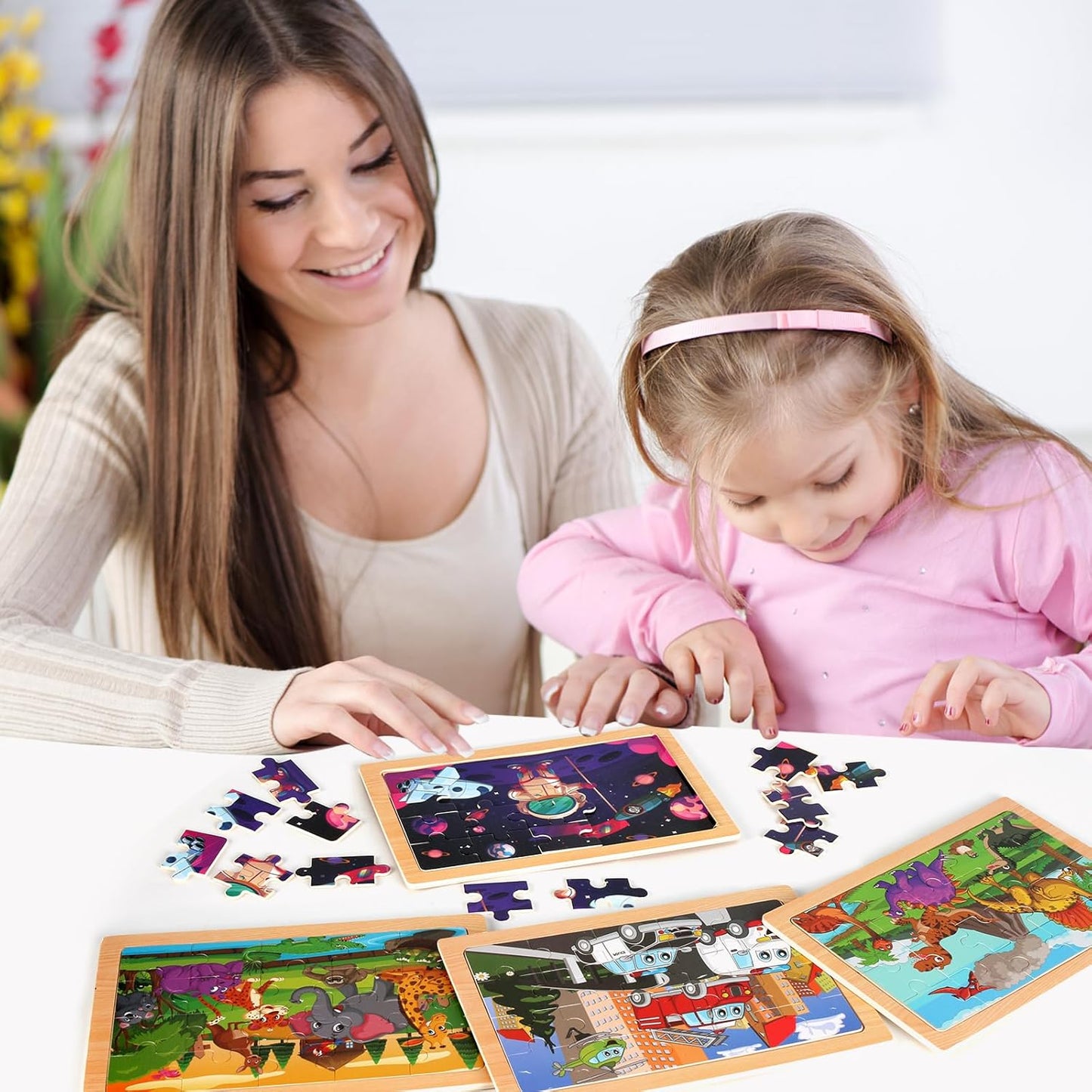 Wooden Puzzles Toys for Kids Ages 3-5, Set of 4 Packs Dinosaur, Space, Transportation Wood Toddler Puzzles, Preschool Brain Teaser Toys for Boys and Girls 2 3 4 5 6 Years Old