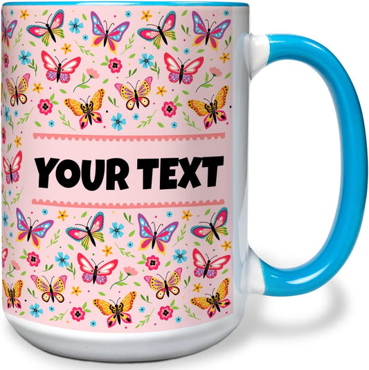 Personalized Mug for Kids - Butterflies - Custom Name/Text, Ceramic Hot Chocolate/Cocoa/Coffee Cup for Girls, Birthday/Christmas/Holiday Gift - 15 oz, Light Blue Handle