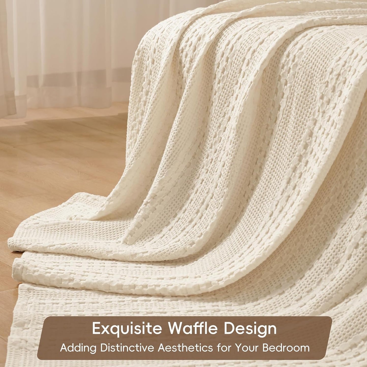 PHF 100% Cotton Waffle Weave Blanket Queen Size, Soft Lightweight Breathable Cozy Summer Blankets for Bed, Luxury Aesthetic Woven Bedding for Home Decor, 90"x90", Undyed