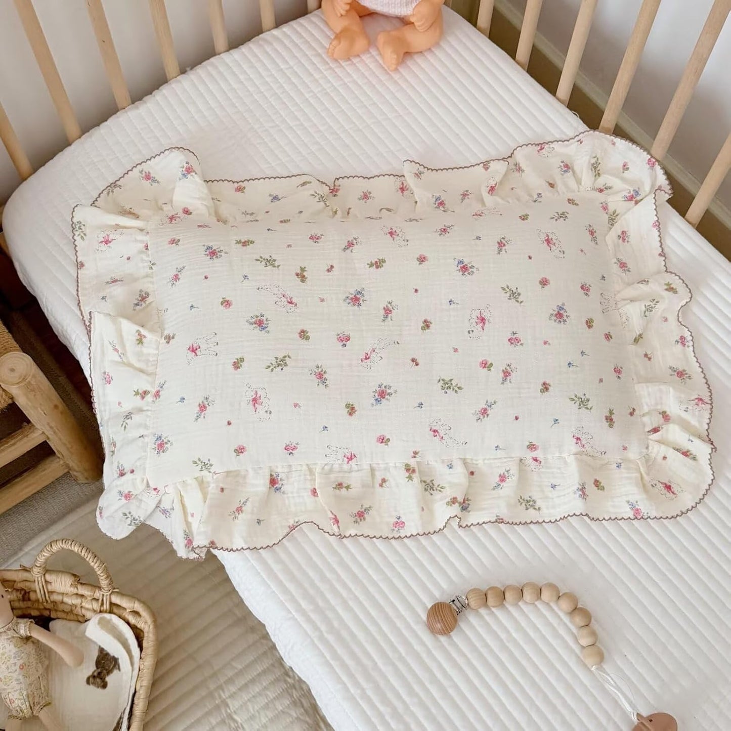 BuLuTu 2 Layers Muslin Cotton Toddler Pillowcase, 1 pc, 14"x20", Cute Pink Flower with Sheep Pattern Small Pillow Cases for Toddler Girls Boys Soft Breathable Pillow Covers, Envelope Closure