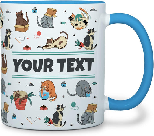 Personalized Mug for Kids - Cats - Custom Name/Text, Ceramic Hot Chocolate/Cocoa/Coffee Cup for Boys/Girls, Birthday/Christmas/Holiday Gift - 11 oz, Light Blue Handle