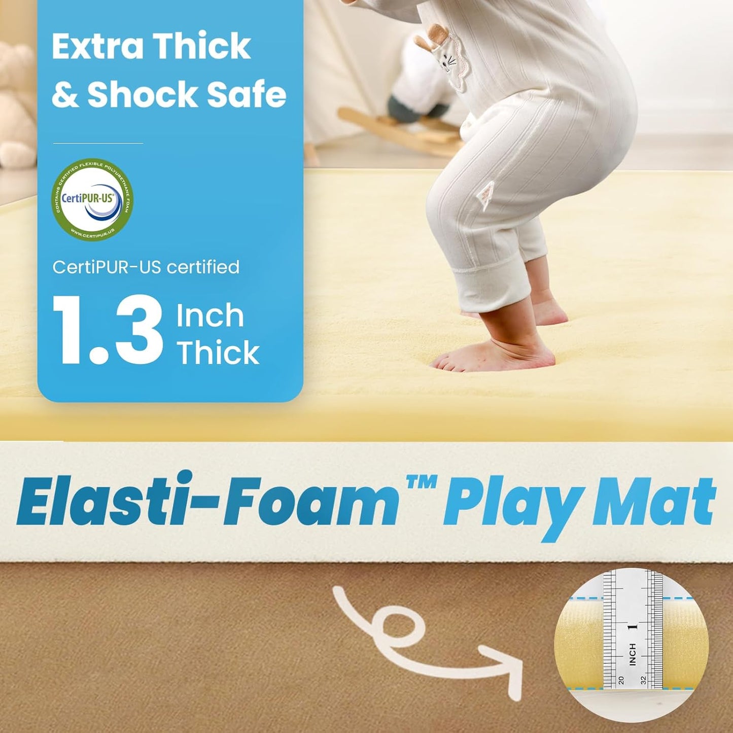 1.3" Thick Baby Play Mat,Ultra Soft Elasti-Foam 50×50 Playpen Mat for Tummy Time,Water-Repellent Coral Fleece Nursery Rug for Infants,Toddlers,Kids,Non-Slip Safe for Crawling(Vanilla)