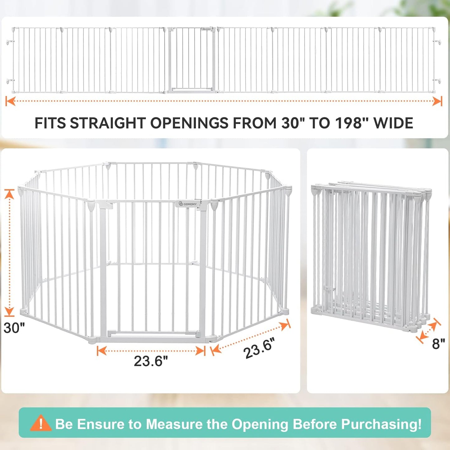 COMOMY 198" Baby Gate Extra Wide, Dog Gate Pet Gate for House Stairs Doorways Fireplace, Adjustable 3 in 1 Play Yard Child Safety Gate, Auto Close, Hardware Mounted (30" Tall, White)