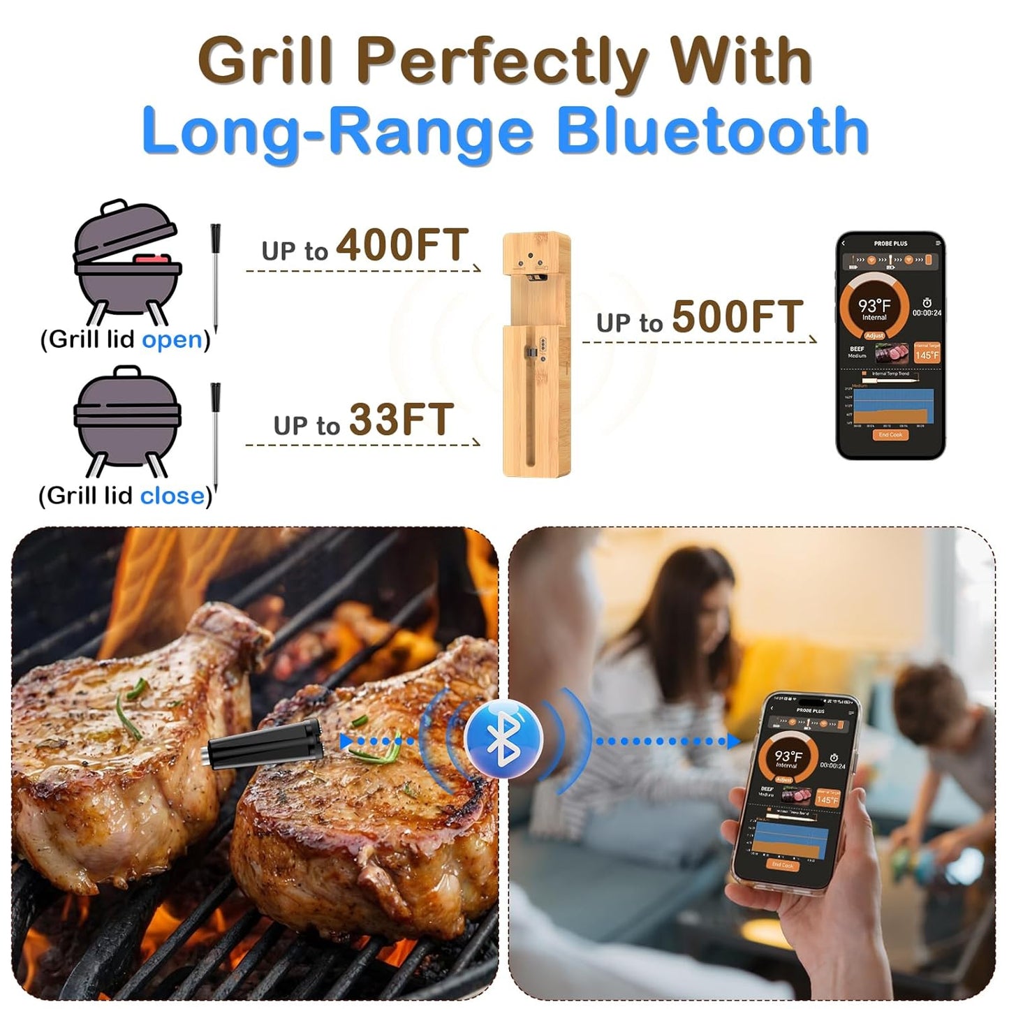 Real-Time Alerts Wireless Meat Thermometer - Smart Bluetooth Meat Probe for Grill, BBQ, Oven, Smoker - Long Range Bluetooth, Accuracy Temp, Dishwasher Clean, Waterproof - Perfect for BBQ Lovers