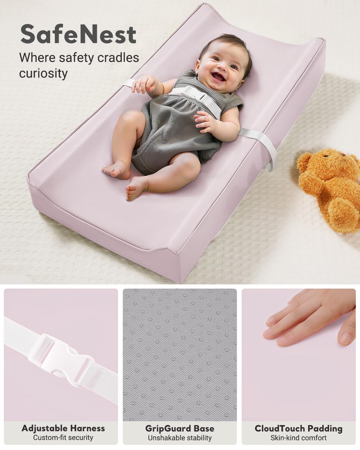 Vegan Leather Waterproof Baby Changing Pad - Wipeable, Extra Thick & Portable & Non-Slip Diaper Mat for Dresser, Crib, Travel | Soft & Safe (Pink)