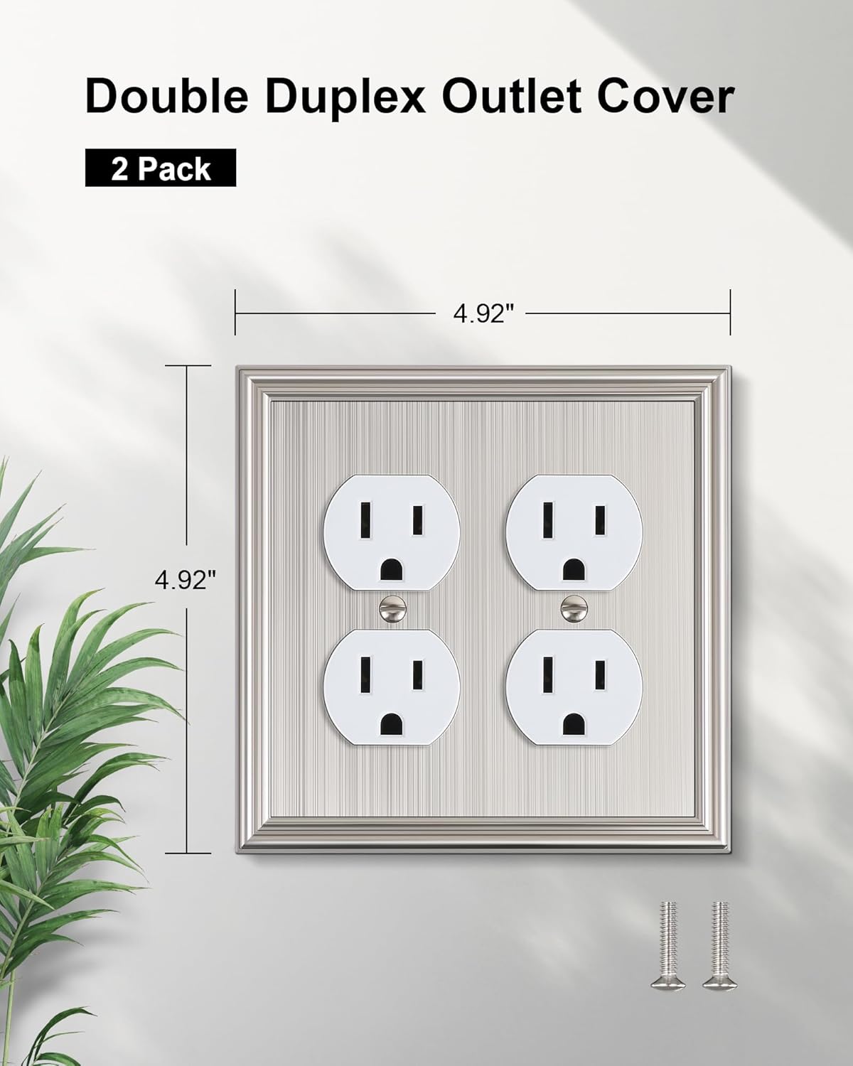 2-Pack Double Duplex Outlet Cover, Brushed Nickel Decorative Switch Plates and Outlet Covers for Electrical Outlets, Durable Zinc Alloy Wall Plates, 2 Gang Receptacle Cover