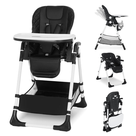 Kinder King Convertible Baby High Chair, Adjustable Feeding Chair for Babies and Toddlers with Removable Double Tray, Simple Compact Fold for Space-Saving, 2 Built-in Wheels, Easy to Clean, Black