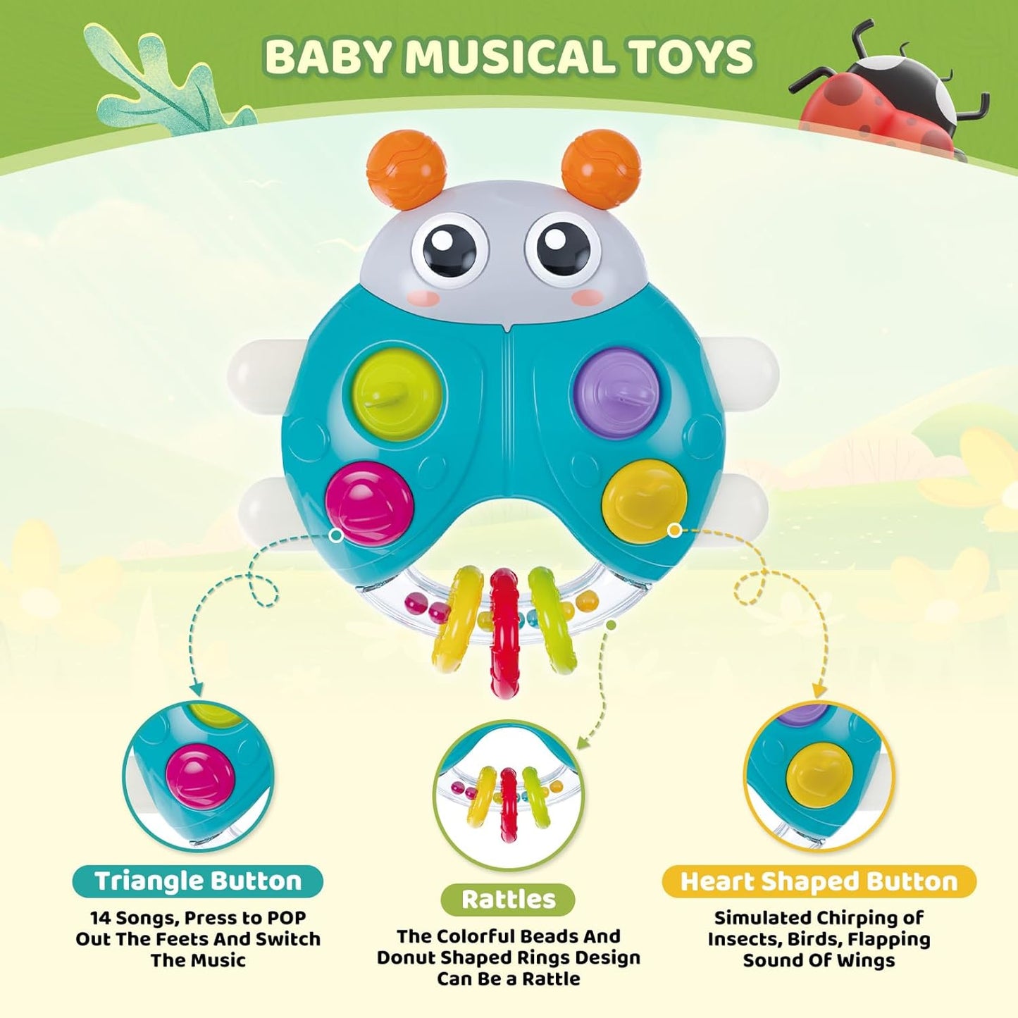 Ladybug Baby Light Up Toys with Rattle Led Light Music, Interactive Educational Fine Motor Development Toy for 3-6-12-18-24 Months Baby Toddler