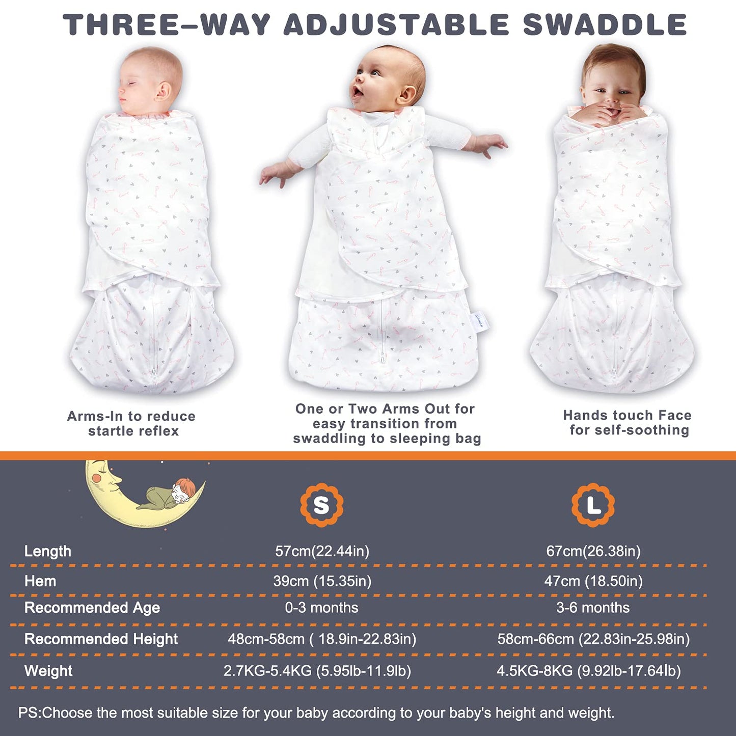 Swaddle-Blanket Baby Girl & Boy Swaddles Newborn Infant Transition 100% Cotton Wrap Blankets, 3-Way Adjustable Wearable Blanket, TOG 1.0 (Love, 3-6 Month)