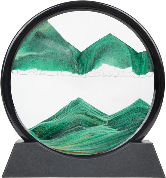Drakswet Moving Sand Art Liquid Motion，Moving Sand Art Picture-3D Deep Sea Sandscape，Round Glass Frame Display Flowing Sand Relaxing Desktop Home Office Work Decor (Green)