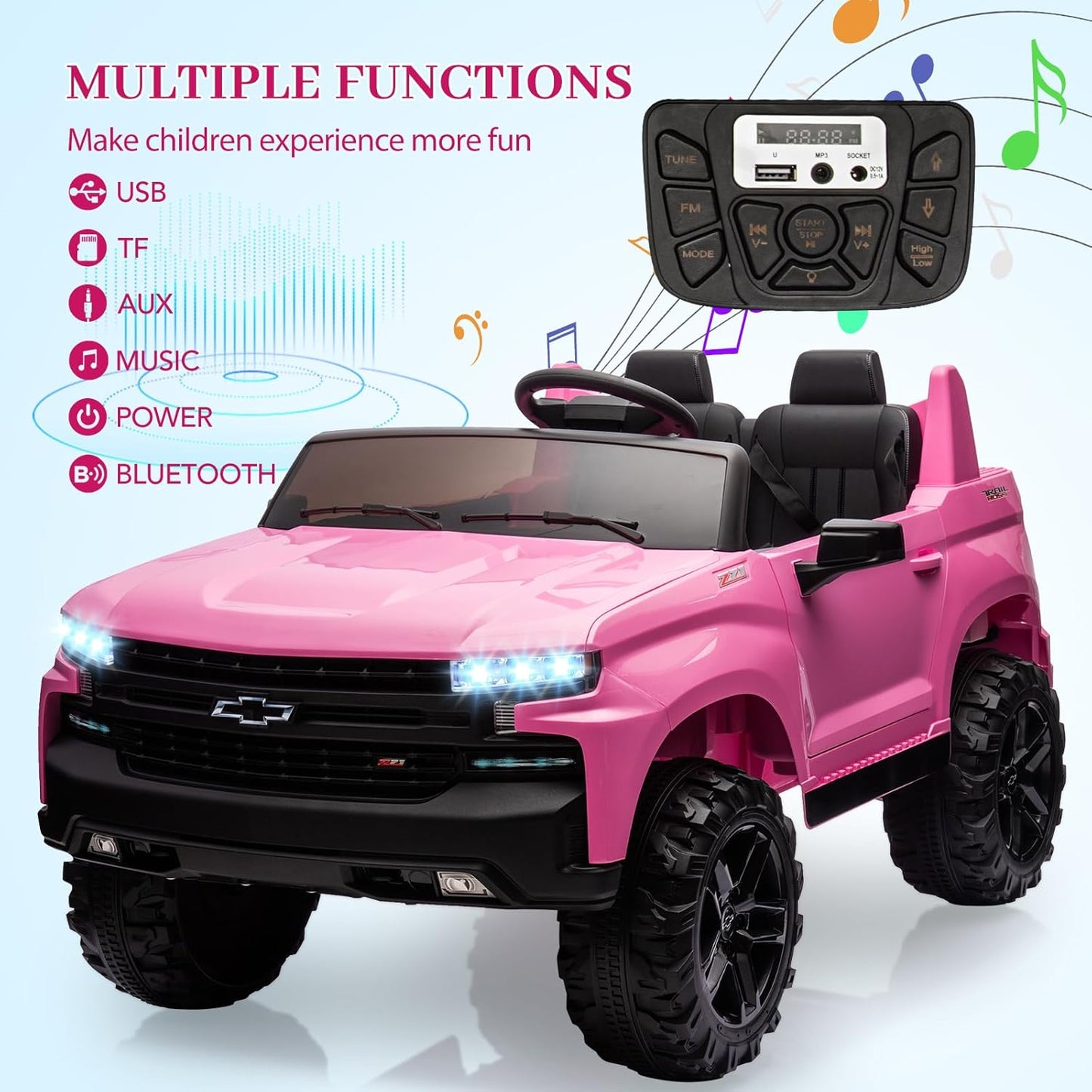 Hetoy 24V 2-Seater Truck Licensed Chevrolet Silverado Ride On Car Toy w/Parent Remote Control,4xSpring Suspension, 3 Speeds, Wireless Music, MP3 Player, Electric Vehicle Car for Kids, Pink