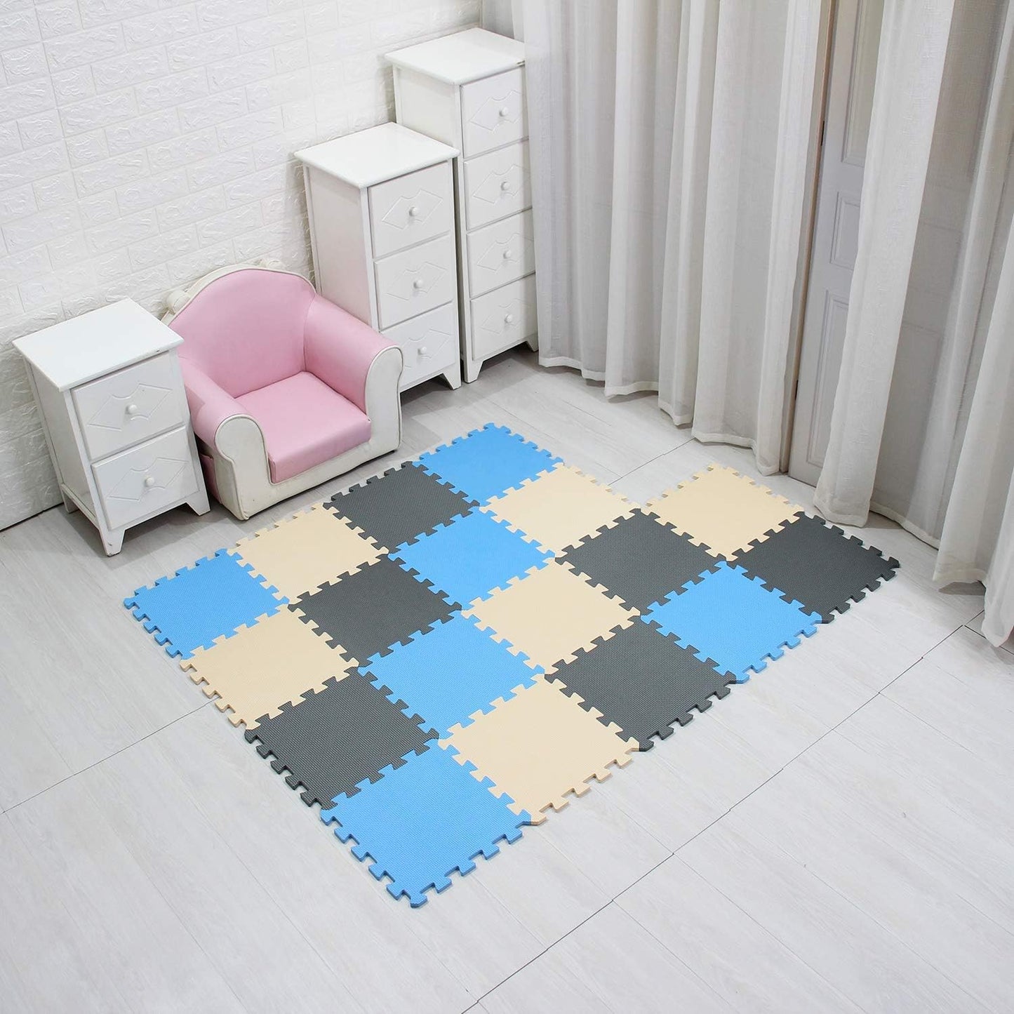 MQIAOHAM children puzzle mat play mat squares play mat tiles baby mats for floor puzzle mat soft play mats girl playmat carpet interlocking foam floor mats for baby blue beige grey 107110112