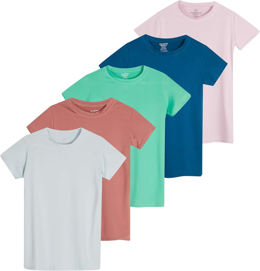 Real Essentials 5 Pack: Girls Short Sleeve Dry-Fit Crew Neck Active Athletic Performance T-Shirt
