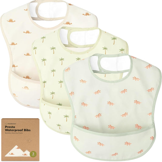 3-Pack Waterproof Baby Bibs for Eating - Lightweight Toddler Feeding Bibs with Large Food Catcher, Mess Proof, Food-Grade Baby Eating Essentials, Easy to Put On & Clean (Roarsome)