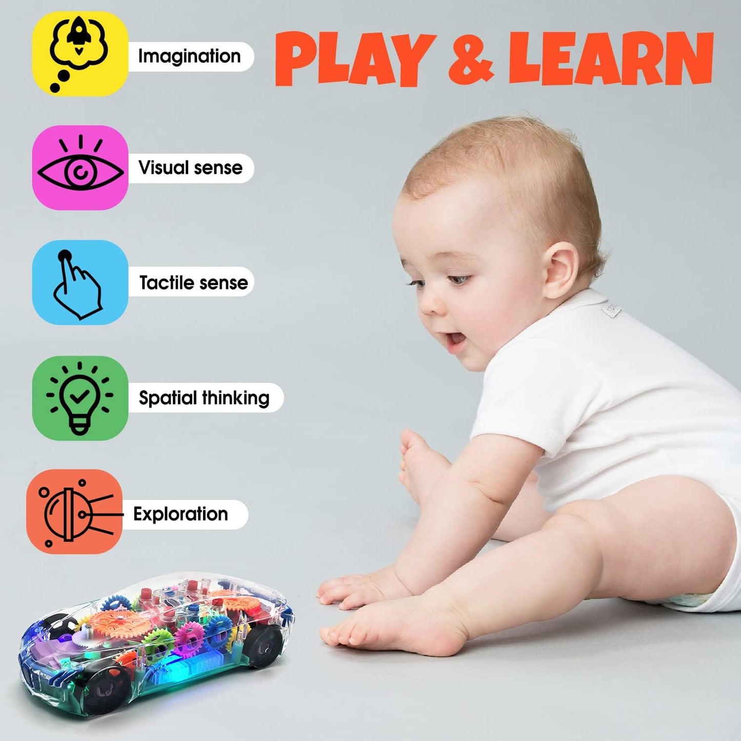 Light Up Transparent Sensory Car - Fun and Interactive Toy for Kids- Music Car with LED Light Up - Colorful Moving Gears -Tummy Time Crawling Baby Toy -Birthday Gift Idea for Boys & Girls