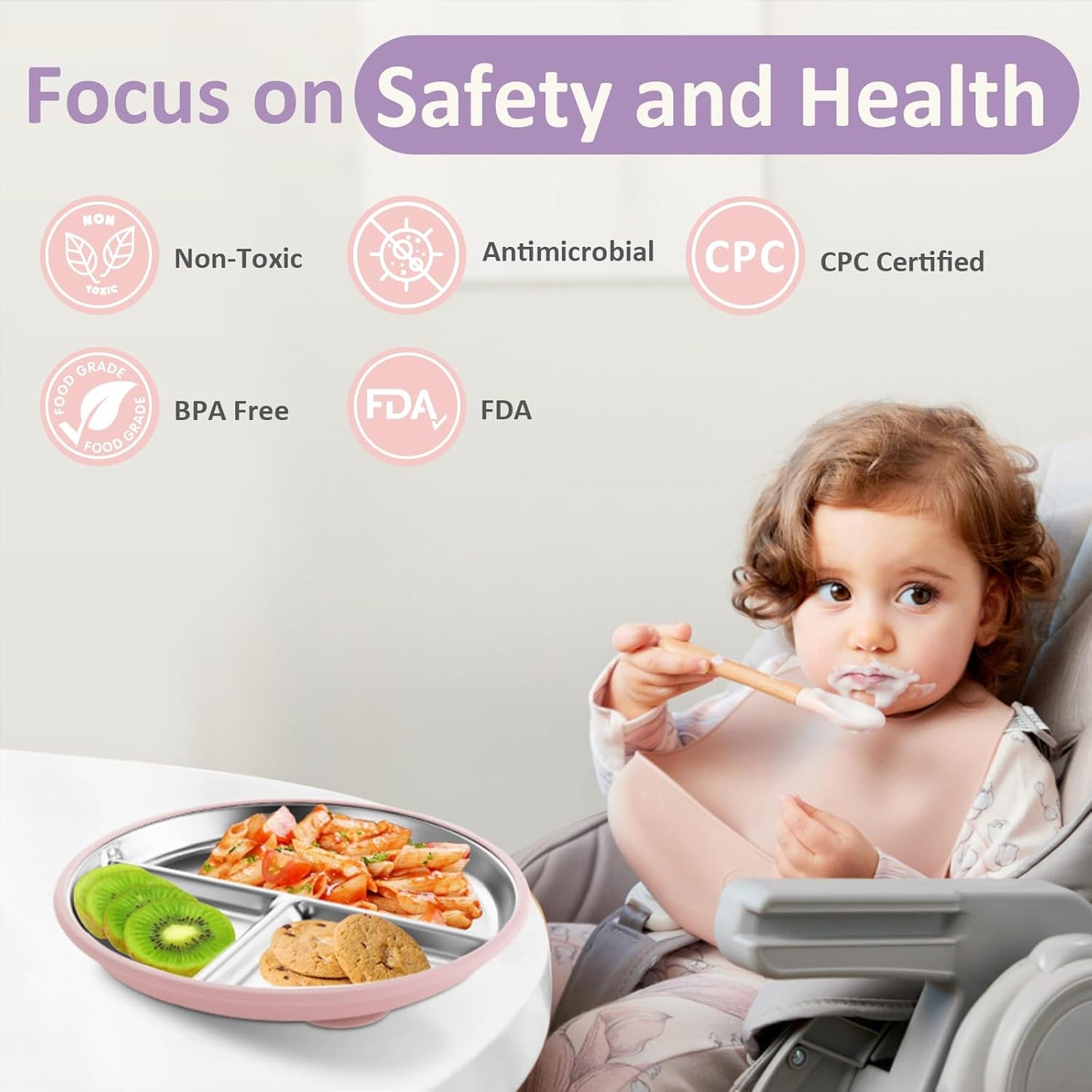 Stainless Steel Suction Plates for Toddlers, 9" Divided Kids Baby Plates with Removable Silicone Suction, Non Toxic Non Slip Portion Control Snack Dishes 3 Packs, Pink Beige Lilac