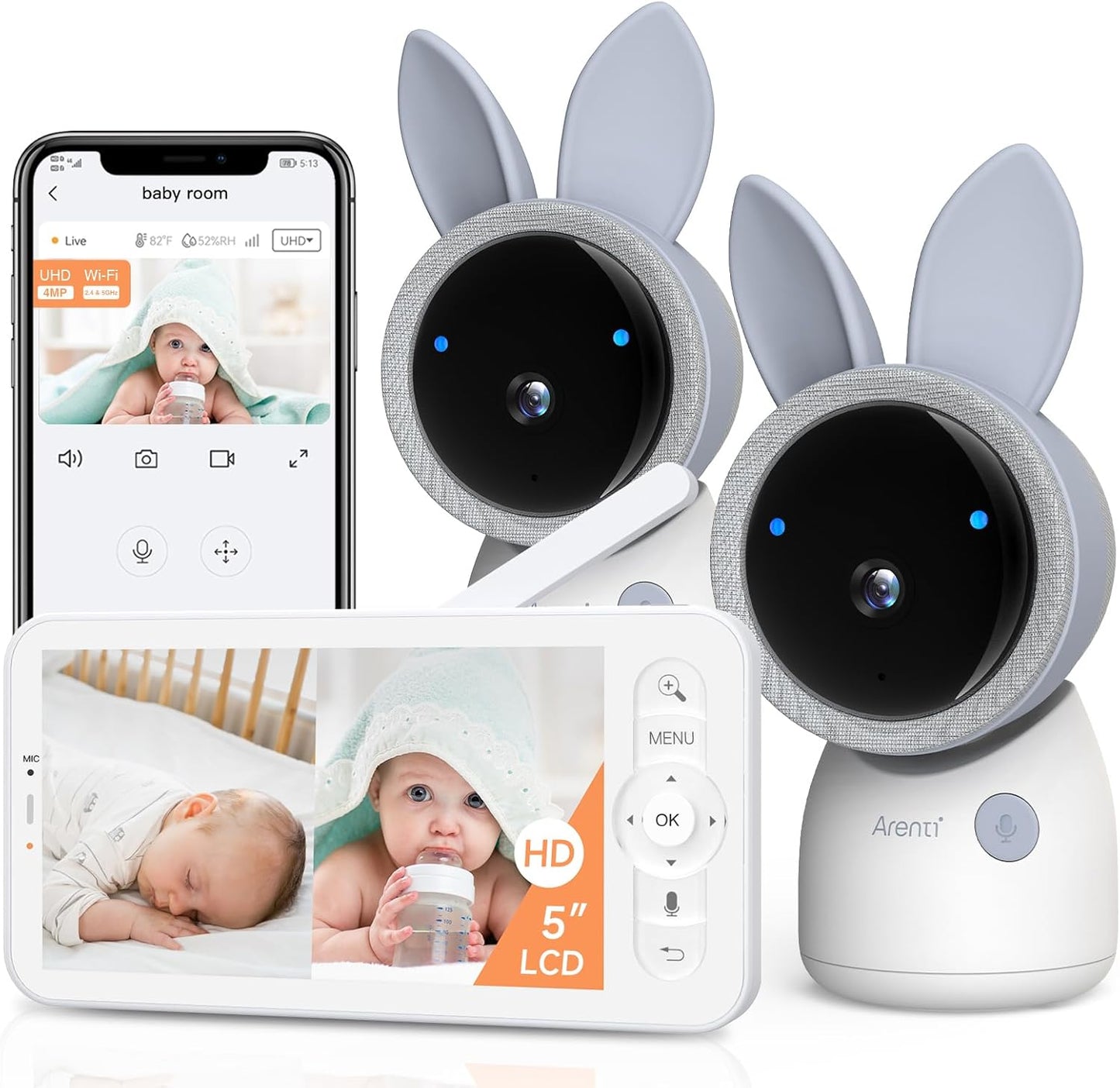 ARENTI 4MP 2.4G&5G WiFi Baby Monitor with 2 Cameras and Audio, Night Light, Auto Traking, Cry&Motion Detection, Temperature Sensor, App Control