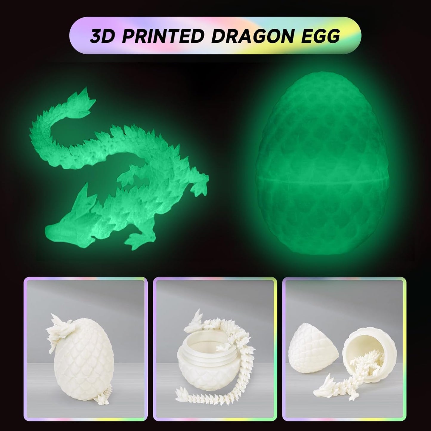 3D Printed Dragon Egg,Dragon Eggs with Dragon Inside,Crystal Dragon Fidget Toys,Full Articulated Dragon Dragon in Egg,Adults Fidget Toys for Autism ADHD (Luminous Green)
