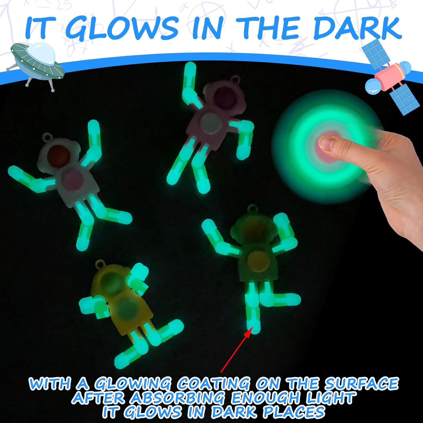 24Pcs Pop Fidget Spinners Bulk - Deformable Astronaut Fidget Spinner Keychain Robot Gyro Fidget Spinner for Kids Adults Glow in The Dark Sensory Toys Christmas Party Favors Classroom Prizes