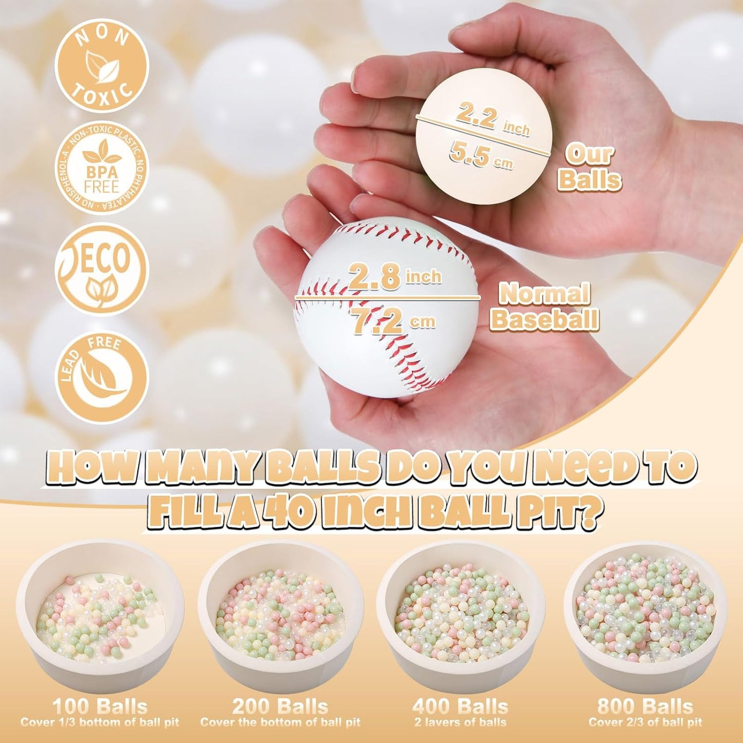 GOGOSO Balls for Ball Pit - Plastic Ball for Toddlers 1-3, Baby Kids Ball Pool Decoration 50 100 200 300 500 1000 (A White+Beige+Clear, 1000 Balls)