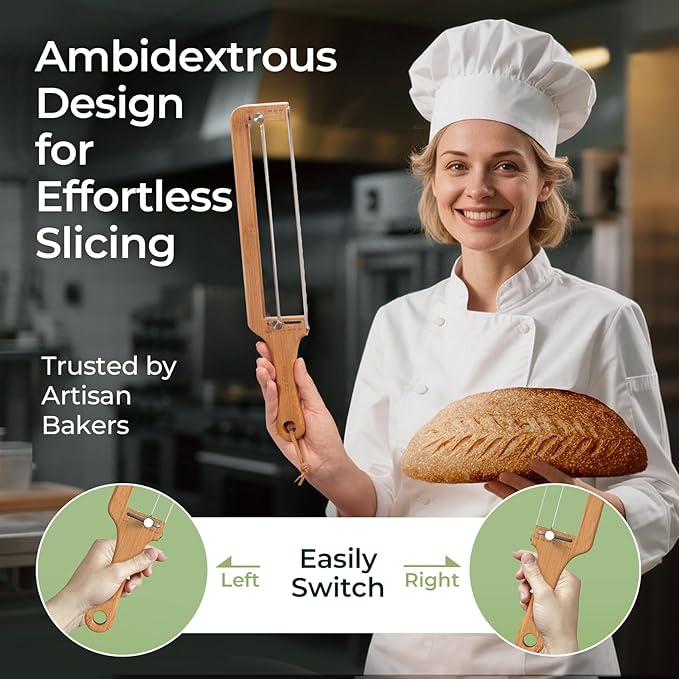 Adjustable Bread Slicer for Homemade Bread – Sourdough Bread Knife with Thickness Guide & Serrated Stainless Blade, Manual Bow Cutter for Bagels and Baguettes, Gift for Baker, Ambidextrous Use